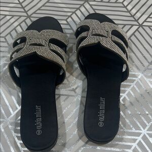 Olivia Miller Black Slide Sandals with Silver Rhinestone Straps